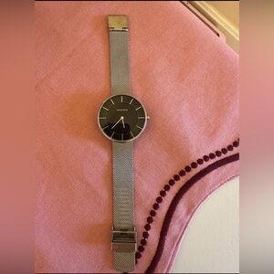 Skagen Women Silver Mesh Band Watch with Black Dial